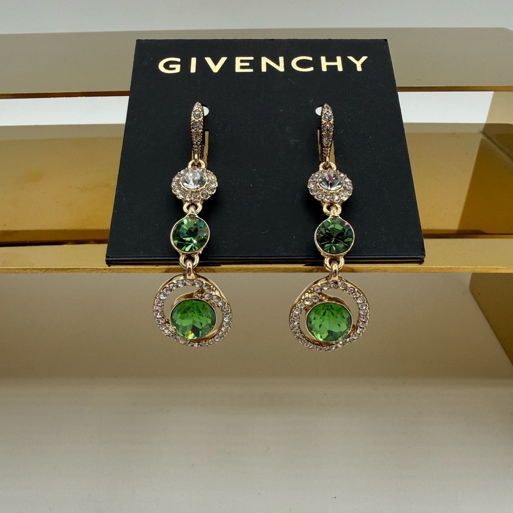 Givenchy Statement Drop Gold Tone With Green And Clear Crystals Earrings - Picture 6 of 15
